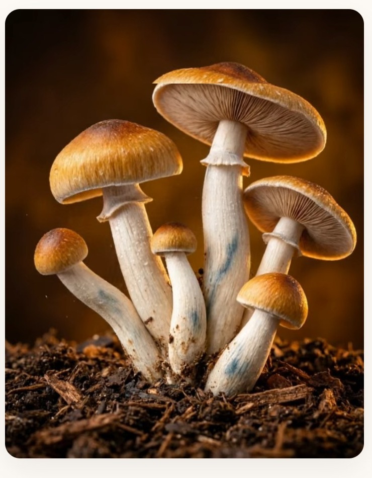 Golden Teacher mushrooms growing in substrate