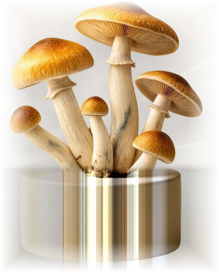 Golden Teacher mushrooms on a cream pedestal