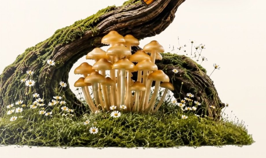 Mushrooms growing on a mossy log
