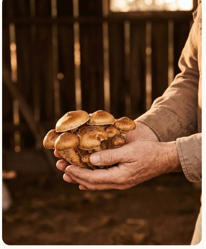 Freshly harvested mushrooms held in two hands